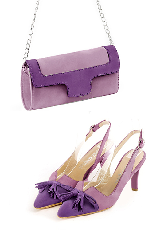 Amethyst purple women's open back shoes, with a knot. Tapered toe. High slim heel. Worn view - Florence KOOIJMAN